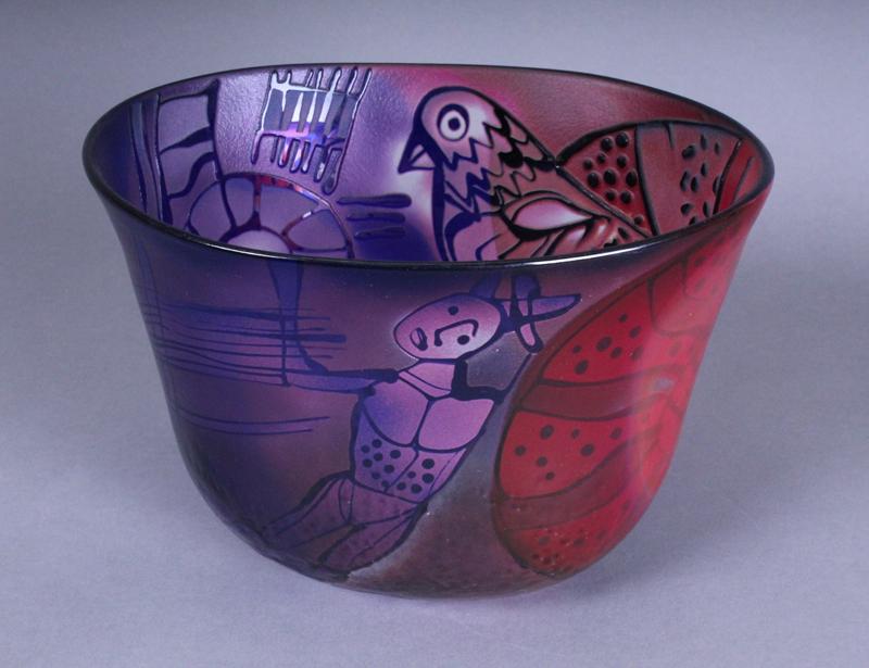 Bertil Vallien (b. 1938) Swedish for Kosta Unik: FIGURES WITH BIRD, colored etched glass bowl, signed and inscribed 8-95 underneath, 6 ¼ x 9 x 6 ½”.