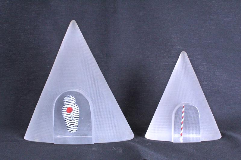 Bertil Vallien (b. 1938) Swedish for Kosta Boda (two): PYRAMIDS, two, each frosted and polished glass, both signed underneath, 8 ½ x 8 x 3” & 6 ¼ x 5 ½ x 2 ¼”. (2)