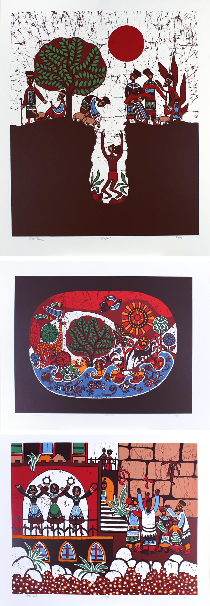 Amos Amit (b. 1945) Israel (three): JOSEPH, color screenprint, signed in pencil, numbered 24/295, image 32 x 24”, sheet 35 ½ x 28 ¼”; CREATION, 1980, color screenprint, signed in pencil, numbered 32/295, image 23 ¼ x 30 ¼”, sh