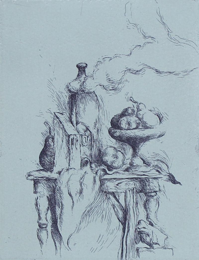 Samuel Bak (b. 1933) Polish/Israel: HIDDEN PEAR, color etching, signed in pencil, numbered 7/50, Jerusalem Print workshop blind stamp, image 7 ½ x 5 ½”, sheet 15 x 10 ¼”. Gallery Retail $225