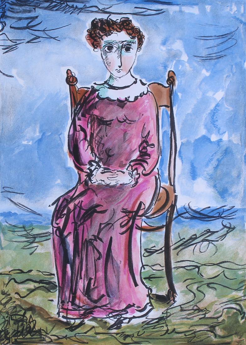 Yosl Bergner (b. 1920-2017) Austrian/ Polish: SEATED WOMAN, color lithograph, signed in pencil, numbered 112/150, sheet 20 ¼ x 14 ¼”. Gallery Retail $225