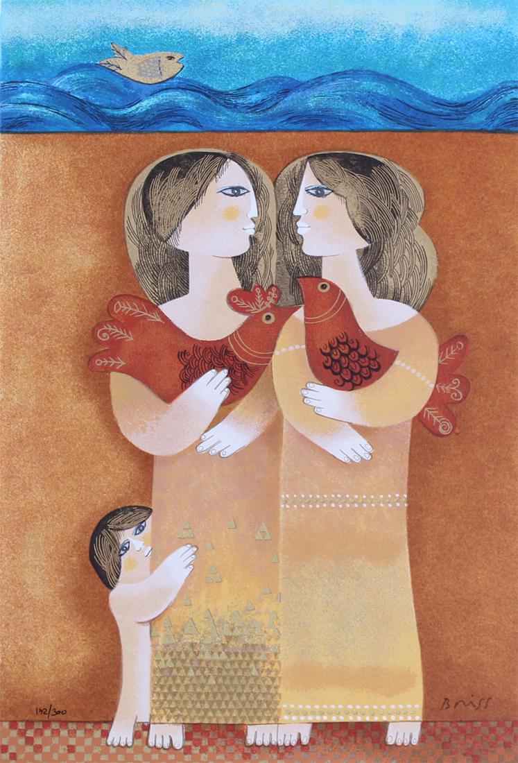 Sami Briss (b. 1930) Romanian: SMALL TALK, color screenprint, signed in pencil, numbered 172/300, sheet 19 ¼ x 13 ½”. Gallery Retail $300