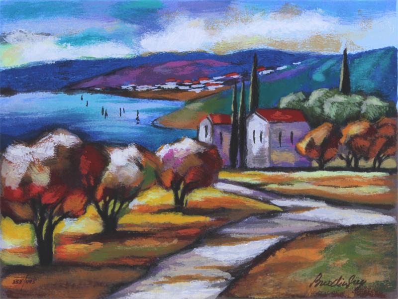 Slava Brodinsky (b. 1955) Russia: CALM WATERS, thickly printed color screenprint, signed and numbered 392/495 in ink, sheet 10 ¼ x 13 ½”. Gallery Retail $150