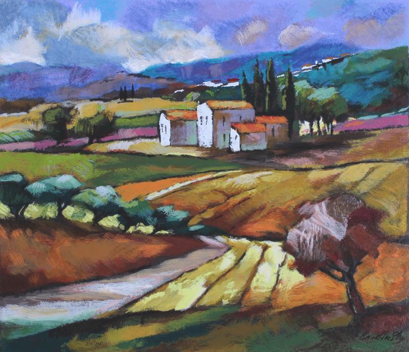 Slava Brodinsky (b. 1955) Russia: TUSCANY REGION, thickly printed color screenprint, signed and numbered 219/395 in ink, sheet 21 x 23 ¾”. Gallery Retail $350