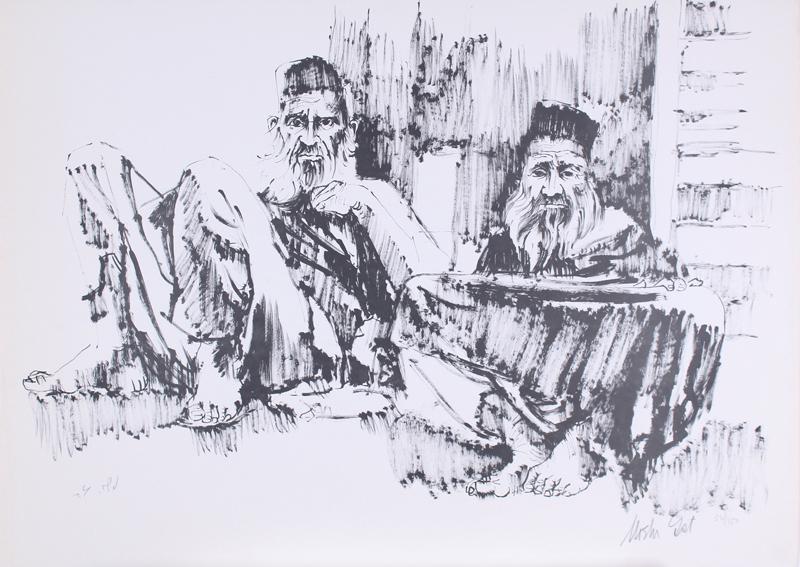Moshe Gat (b. 1935) Israel: TWO OLD MEN, lithograph, signed in pencil, numbered 56/150, sheet 19 ¾ x 27 ½”. Gallery Retail $200