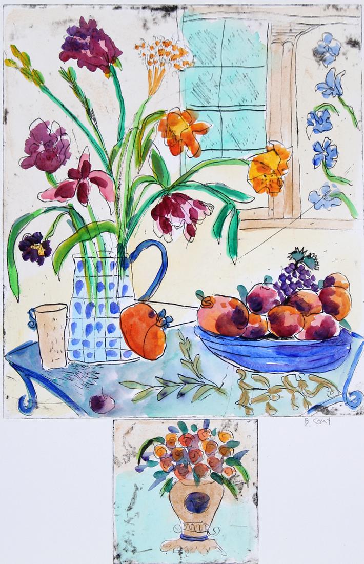 Bracha Guy (b. 1948) Israel: UNTITLED VASE WITH FLOWERS, hand watercolored multi-plate etching, signed in pencil, sheet 22 ¼ x 15”. Gallery Retail $400