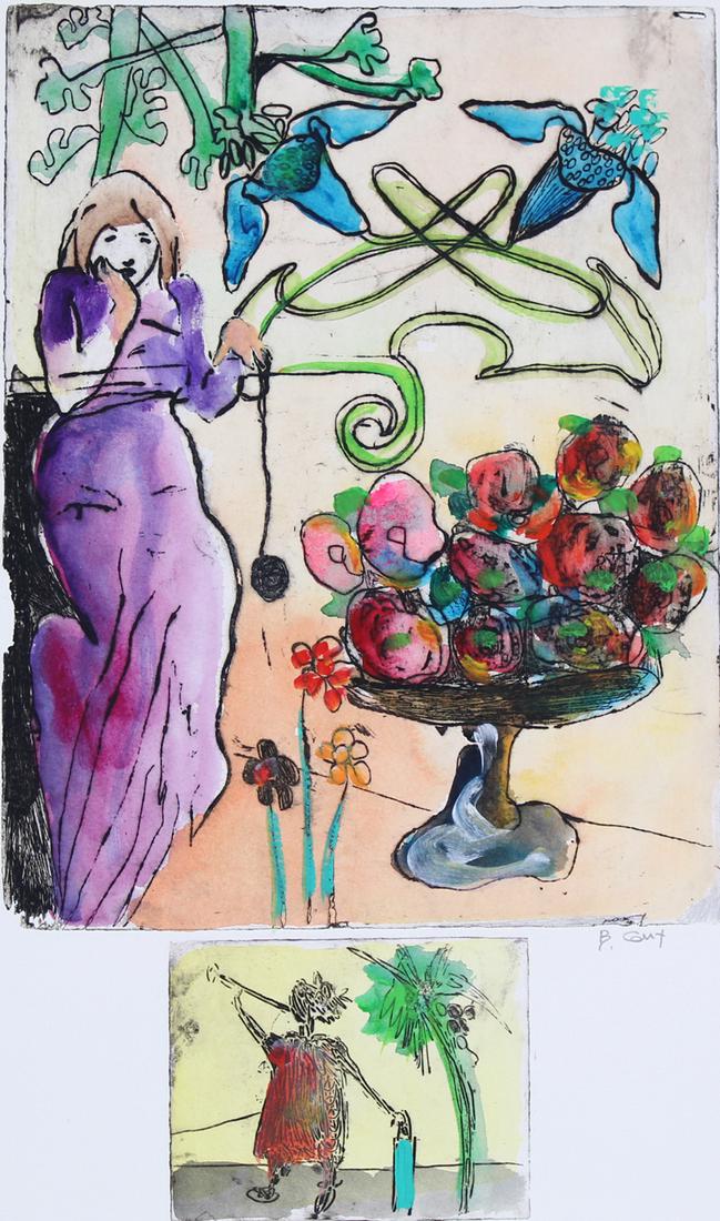 Bracha Guy (b. 1948) Israel: WOMAN & FRUIT, hand watercolored multi-plate etching, signed in pencil, sheet 22 ¼ x 15”. Gallery Retail $400