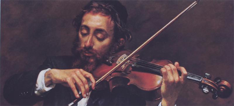 Itshak Holtz (b. 1925) Poland/ American: THE VIOLINIST, color collotype, signed in pencil and inscribed A. P. (artist’s proof) 127/200, sheet 19 ½ x 27 ½”. Gallery Retail $425