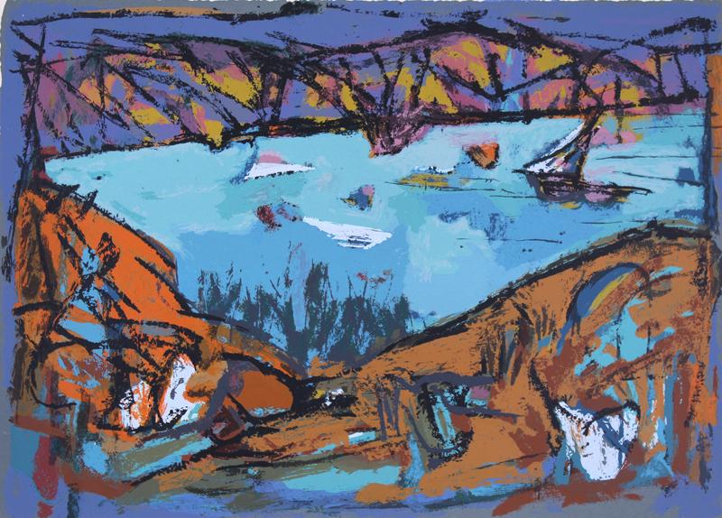 Marcel Janco (1895-1984) Romania/ Israel: KINNERET, color screenprint on cream wove paper, signed in pencil, numbered 24/199, Arta Gallery, Jerusalem and Mambus Ein Hod blind stamps lower right lower right, sheet 20 x 29”. Gallery Retail $7