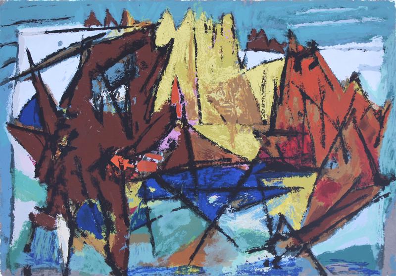 Marcel Janco (1895-1984) Romania/ Israel: MOUNTAINS IN THE NEGEV, color screenprint, signed in pencil, numbered 93/100, sheet 22 x 30”. Gallery Retail $900