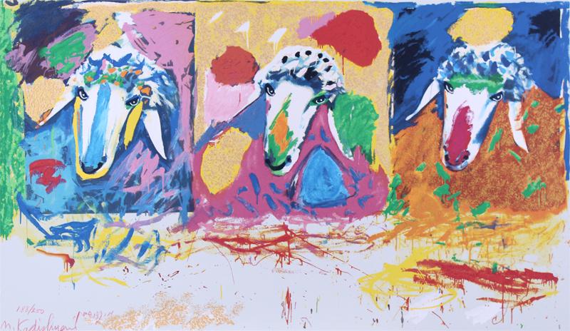 Menashe Kadishman (1932-2015) Israel: THREE SHEEP, color screenprint, signed and numbered 188/250 in red pencil, Haifa Art Printers Israel blind stamp lower left, sheet 18 ½ x 31 ¾”. Gallery Retail $350