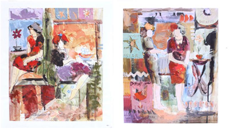 Irit Kalechman (b. 1950) Israel: WOMEN; STAR, a pair of acrylic painted color giclees on canvas, both signed lower center and numbered DLX 11/199, sheets 27 ½ x 24”. (2) Gallery Retail $400