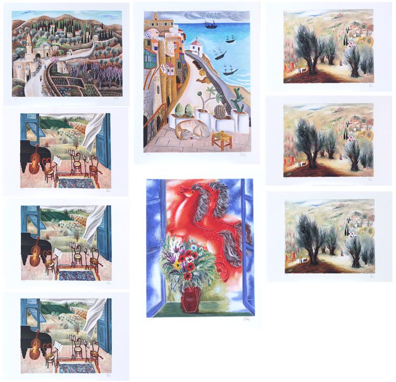 after Reuven Rubin (1893-1974) Israel (nine): VARIOUS, nine color lithographs (five images), each with facsimile signatures, three with Rubin Estate stamp lower left, from the numbered editions 990, six stamped on verso, average sheet 19 ½ x 27 