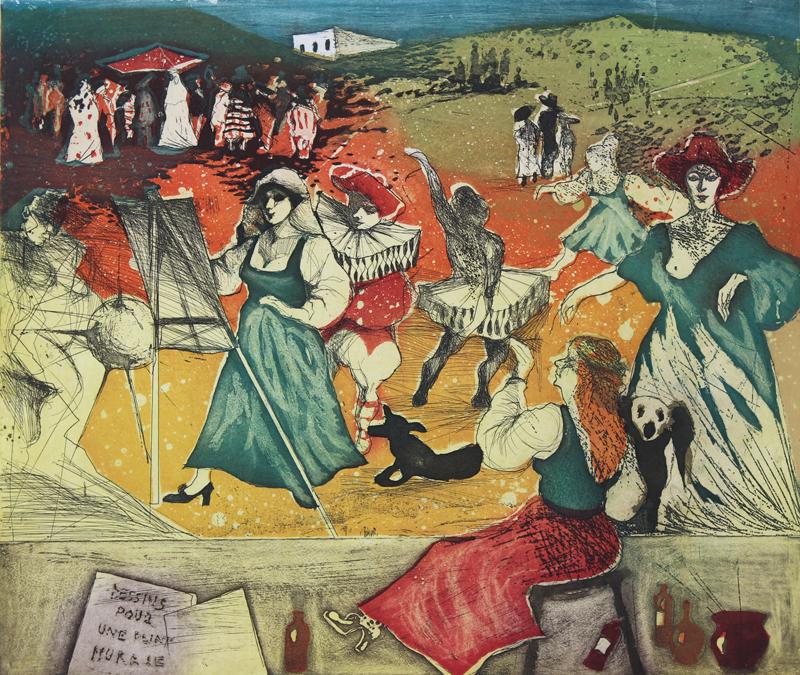 Gretty Rubinstein (1947-2001) Israel: MURAL, color etching, signed in pencil, numbered 83/100, Jerusalem Print Workshop blind stamp lower right, sheet 23 ¾ x 29 ½”. Gallery Retail $300