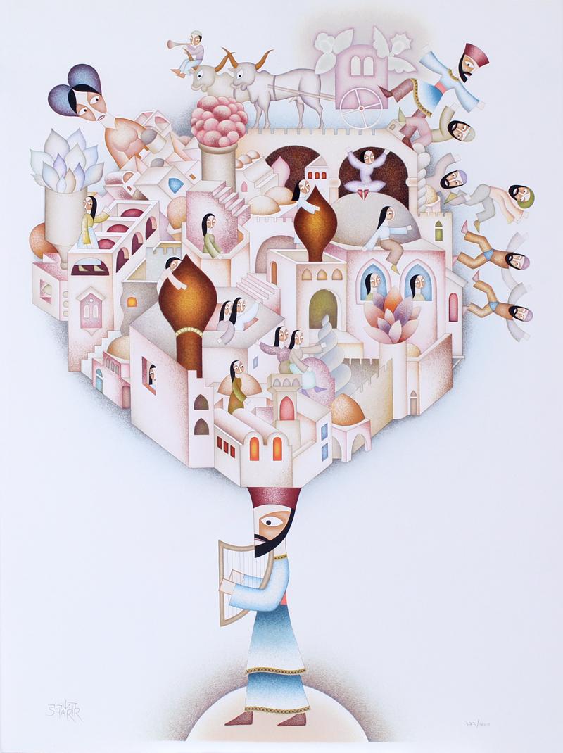 David Sharir (b. 1939) Italy/ Israel: CITY OF DAVID, color lithograph, signed in pencil, numbered 373/400, sheet 29 ¾ x 22”. Gallery Retail $600
