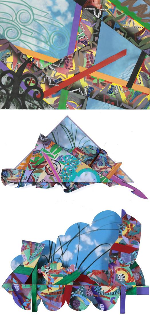 Kenneth Jewesson (b. 1939) California (three): UNTITLED, 1993, acrylic and spray paint on paper, signed and dated lower right, sheet 30 x 22 ¼”; GARDEN OF DELIGHT, 1995; UNTITLED, 1991, two, each an acrylic painted wood construction,