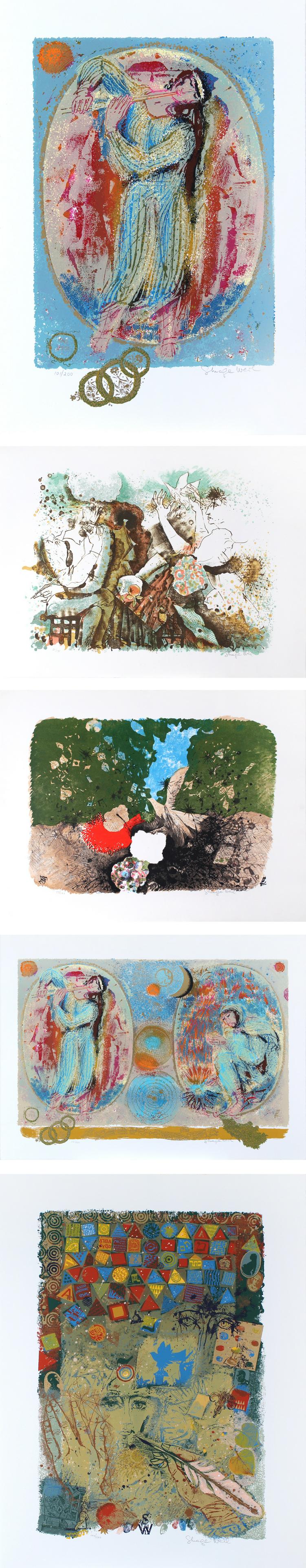 Shraga Weil (1918-2009) Czechoslovakia (five): ALMANAC VII: SHEPHERDESS, color screenprint, signed in pencil, numbered 101/200, sheet 22 ½ x 15”; AND THE STRONGEST MEN ARE BENT, color screenprint, signed in pencil, numbered 20/170, Ma