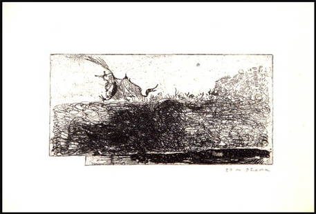 Masuo Ikeda (b. 1934) Japanese: UNTITLED LANDSCAPE WITH CREATURE, 1957, etching, signed & dated in pencil, image 3 ¼ x 6 ½", sheet 6 ¼ x 9.