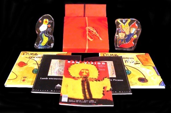 Matt Lamb (b. 1932) American (eight): SPIRIT OF THE SEA, a pair of cast and painted glass multiples, each 8" tall, with signatures underneath, in original cases; Together with 'Lamb Encounters Picasso' and 'Lamb Encounters Miro' (both sig