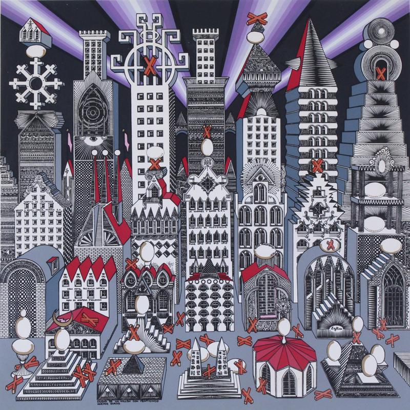 Pedro Friedeberg (b. 1936) Mexican: CIUDAD DE UN MILLON CON VEINTICINCA HUEVOS DUROS, 1972, color screenprint, signed and dated in pencil, numbered X/L (10/50), image 19 ¾ x 19 ¾”, sheet 21 ¾ x 21 ¾”, frame 25 ¾ x 25 ¾” with