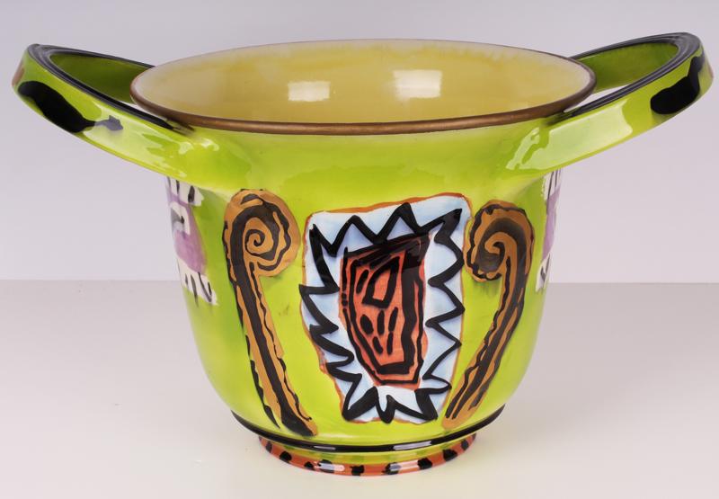 Anna Silver (20th Century) Michigan/ California: Painted and glazed ceramic double handled green vessel, 10 ¾ x 19 ¾ x 13”. “Silver Splendor”, a career retrospective of the artist was on display at the American Museum of Ceramic Art March 9t