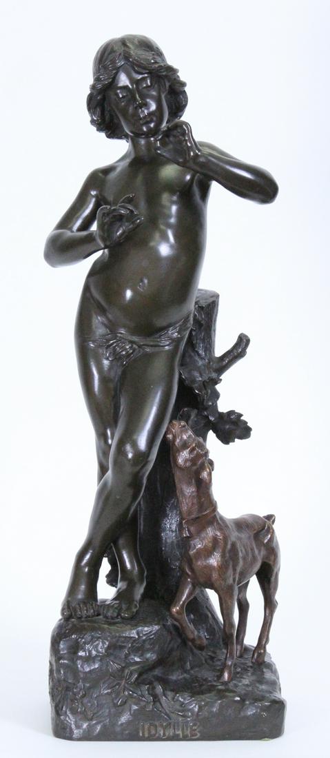 Joaquim Angles (1859-) French: IDYLLE, cast bronze sculpture with dark brown and golden-brown patinas, signed, 24 x 8 x 7”, weight 35 pounds. From a private collection Westside Los Angeles & Chicago.