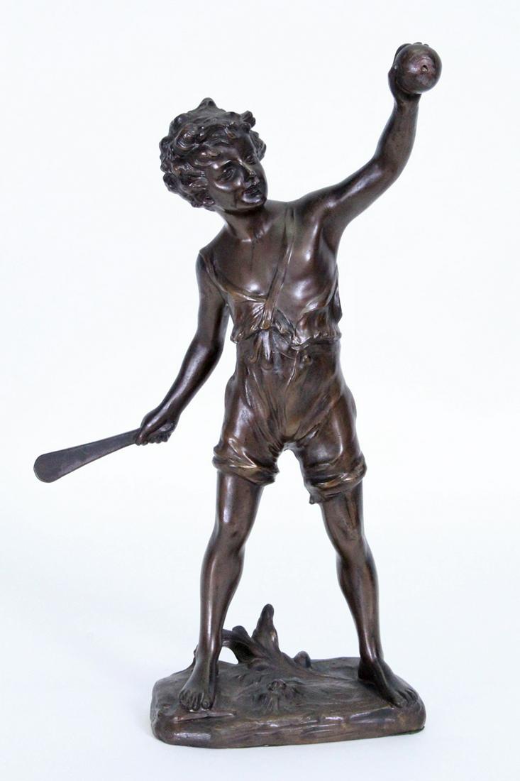Artist Franz Iffland (1862-1935) German: FIGURA DE NIÑO CON BATE (BOY WITH BALL & PADDLE), cast bronze sculpture with partial patina, signed on backside, 14 ¼ x 9 x 6Â”. From a private collection Westside Los Angeles & Chicago.