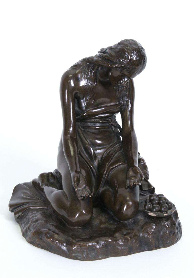 Barbedienne Foundry (19th Century) French: SEATED WOMAN WITH BASKET OF FRUIT, cast bronze sculpture with golden-brown patina and plaster of Paris fruit bowl, with foundry mark, 7 x 5 ½ x 6”. From a private collection Westside Los Angeles &