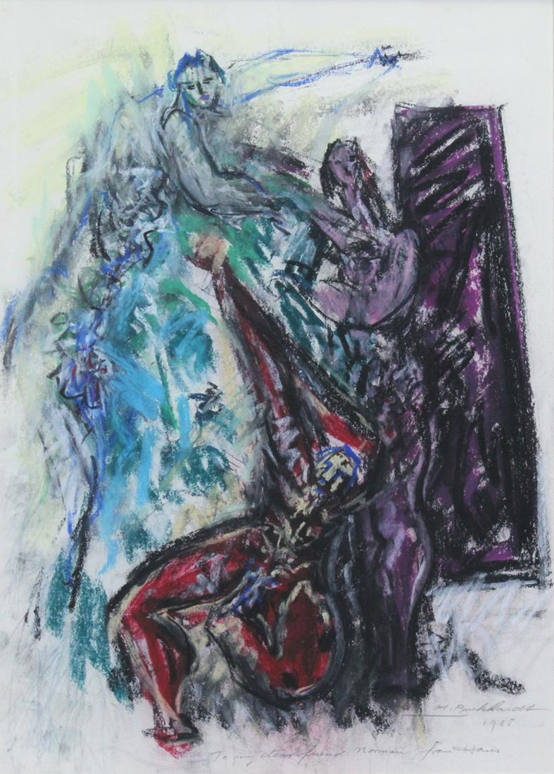 Hans Burkhardt (1904-1994) Swiss/ American: UNTITLED FOUR FIGURES, 1985, color pastel on paper, signed and dated and dedicated in pencil lower right, sight 23 ¾ x 15 ¾”, frame 30 ½ x 23 ½” with glass.