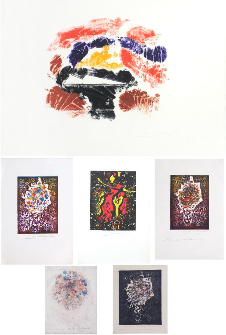 Hans Burkhardt (1904-1994) Swiss/ American (six): VARIOUS, 1981-1987, six, each a color monoprint, each signed and dated in pencil, one dedicated, two with artist’s blind stamp, one sheet 15 x 22 ½”, three sheets 11 x 7 ½”, two sheets 7 ½ x 