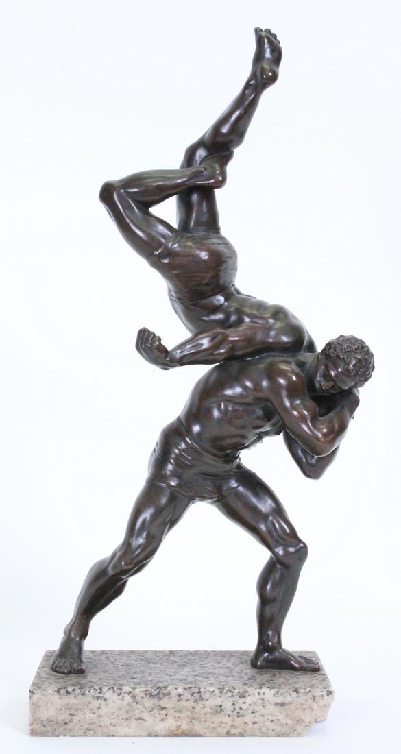 Decorative Art: Bronze Sculpture (19th/ 20th Century): WRESTLERS, cast bronze sculpture with dark brown patina, 17 ¾ x 8 x 4 ½” including granite base. From a private collection Westside Los Angeles & Chicago.