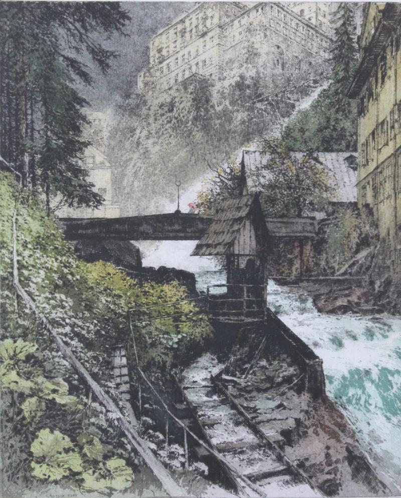 Luigi Kasimir (1881-1962) Austrian: CASTEIN, 1944, color etching, estate signed in pencil, image 18 ½ x 14 ½”, full margins, frame 31 x 27” with glass.