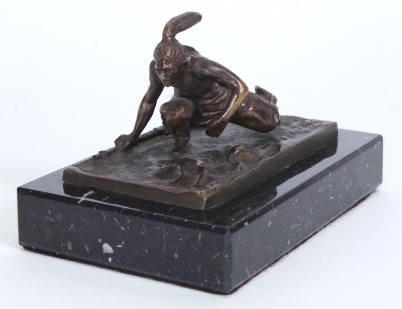 Carl Kauba (1865-1922) Austria American: INDIAN SCOUT, cast bronze sculpture with golden-brown patina, signed, 3 ½ x 5 ¼ x 3 ½” including marble base. From a private collection Westside Los Angeles & Chicago.