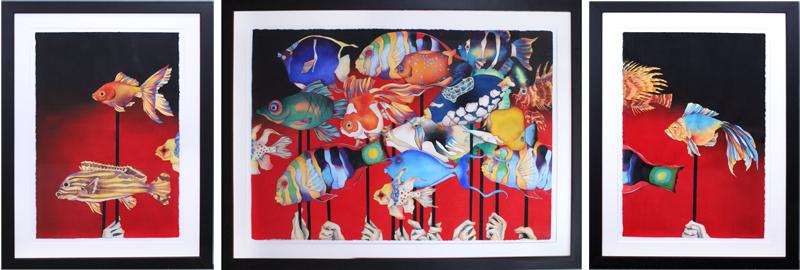 Lori Lamont (b. 1968) California: PARADE OF FISH, triptych, watercolor on three sheets, signed lower right center sheet, center sheet 40 x 60”, two side sheets 40 x 26” each, in three frames, center frame 52 ½ x 72”, side frame