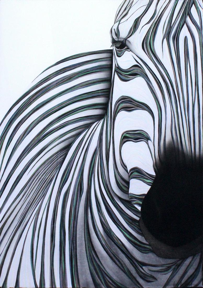 Lori Lamont (b. 1968) California: ZEBRA, 1996, watercolor on paper, signed and dated lower right, sheet 41 ½ x 29 ½”, frame 50 ½ x 38 ½”.