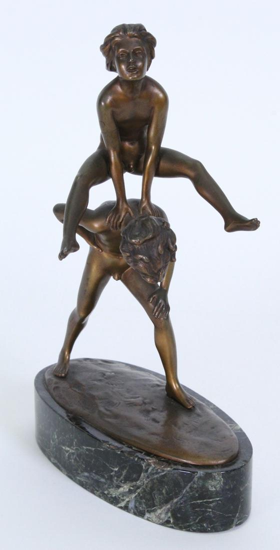 Professor Otto Poertzel (1876-1963) German: CHILDREN PLAYING LEAP-FROG, cast bronze sculpture, signed, 9 ½ x 6 ½ x 4” including marble base. From a private collection Westside Los Angeles & Chicago.