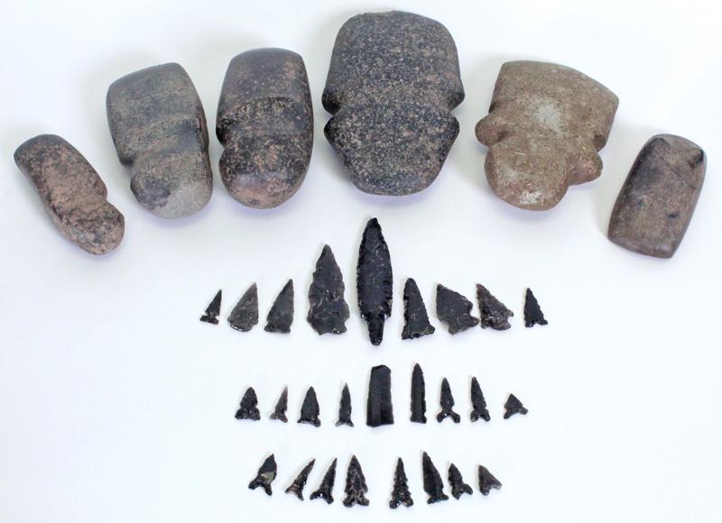 Pre-Columbian / Pre-Historic Items (thirty-two): Six granite tools, sizes from 6 ½ x 4 x 1 ½” to 4 x 2 x 1”; Twenty-six obsidian arrowheads and bird points, sizes from 3 ¾” to ½”. (32)