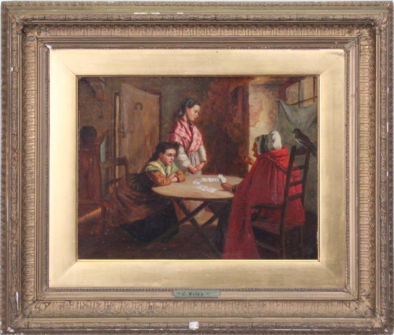 C. Riley (19th Century) European: CARD READING, oil painting on canvas, signed lower left, 14 x 18”, Winsor Newton London stamp on verso, frame 25 x 29”. From a private collection Westside Los Angeles & Chicago.