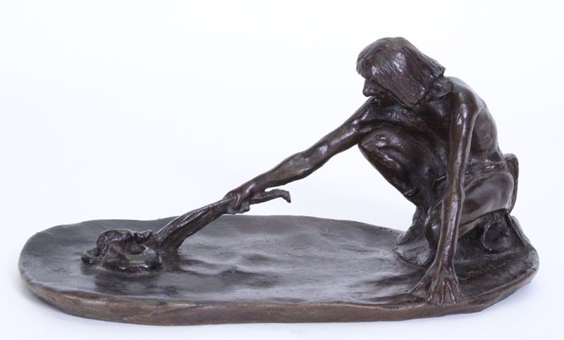 Charles Marion Russell (1864-1926) Montana California: THE SNAKE PRIEST, 1914, cast bronze sculpture with brown patina, signed and with insignia and dated, stamped B. Zoppo Foundry, New York, 3 ¾ x 8 ¼ x 4 ¼”. From a private collection Westside Los A