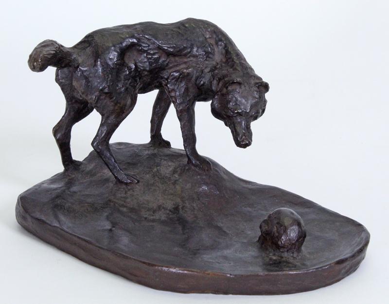 Charles Marion Russell (1864-1926) Montana California: THE LAST LAUGH, circa 1916, cast bronze sculpture with brown patina, signed and with insignia and dated, stamped B. Zoppo Foundry, New York, 4 3/8 x 7 ½ x 5 ¼”. From a private collection Westside 
