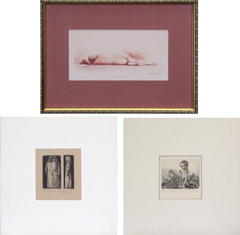 Jean Vyboud (1882-1944) French & another (three): RECLINING NUDE, color etching from a posthumous edition with beveled plate, probably estate signed in pencil, plate 3 ¾ x 9 ¼”, full margins, frame 12 x 16” with glass; Together with Artists Uni