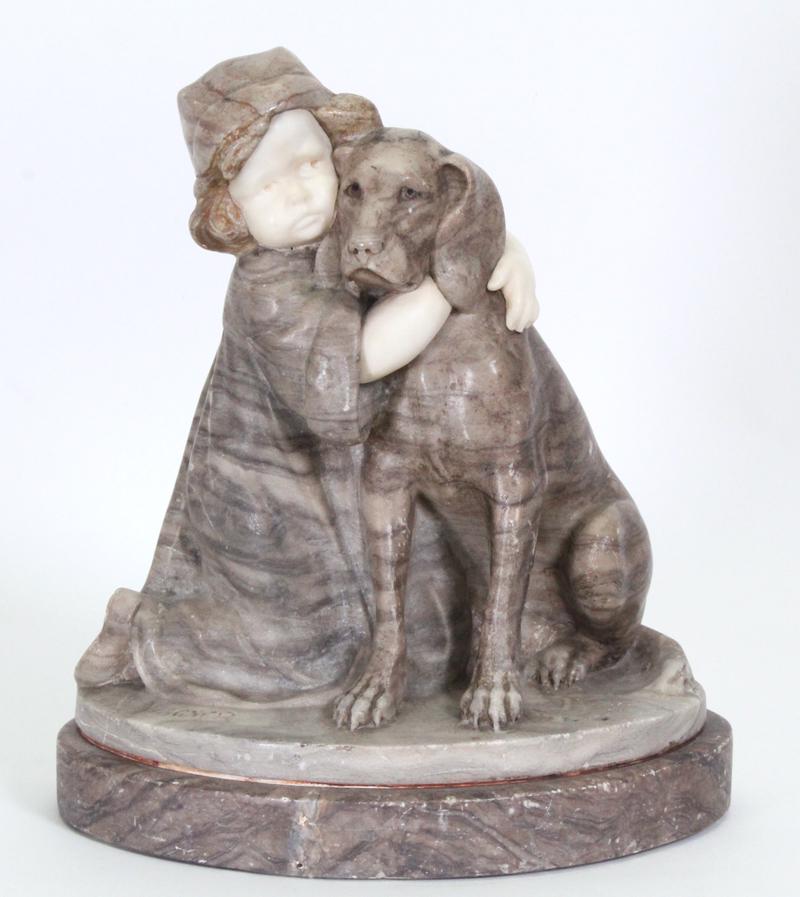 Eugene Wagner (1871-1942) German: GIRL WITH POINTING DOG, carved marble sculpture, signed, 12 x 11 x 7” including base, weight 20 pounds. From a private collection Westside Los Angeles & Chicago.