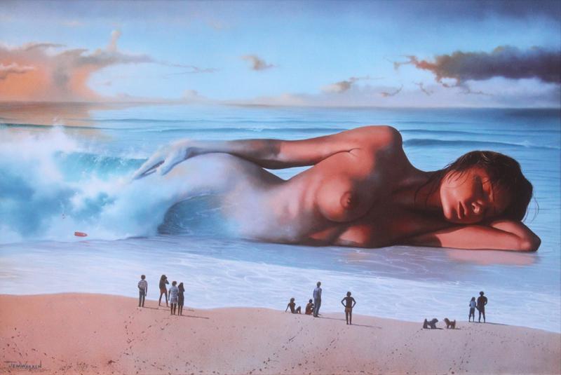 Jim Warren (b. 1949) California: MIRAGE, color offset lithograph, signed in pencil and numbered A/P 1/95 (artist’s proof) in ink, signed in ink on Plexiglas lower right, sight 18 ½ x 27 ½”, Koa wood frame 28 x 37 ½”. Provena
