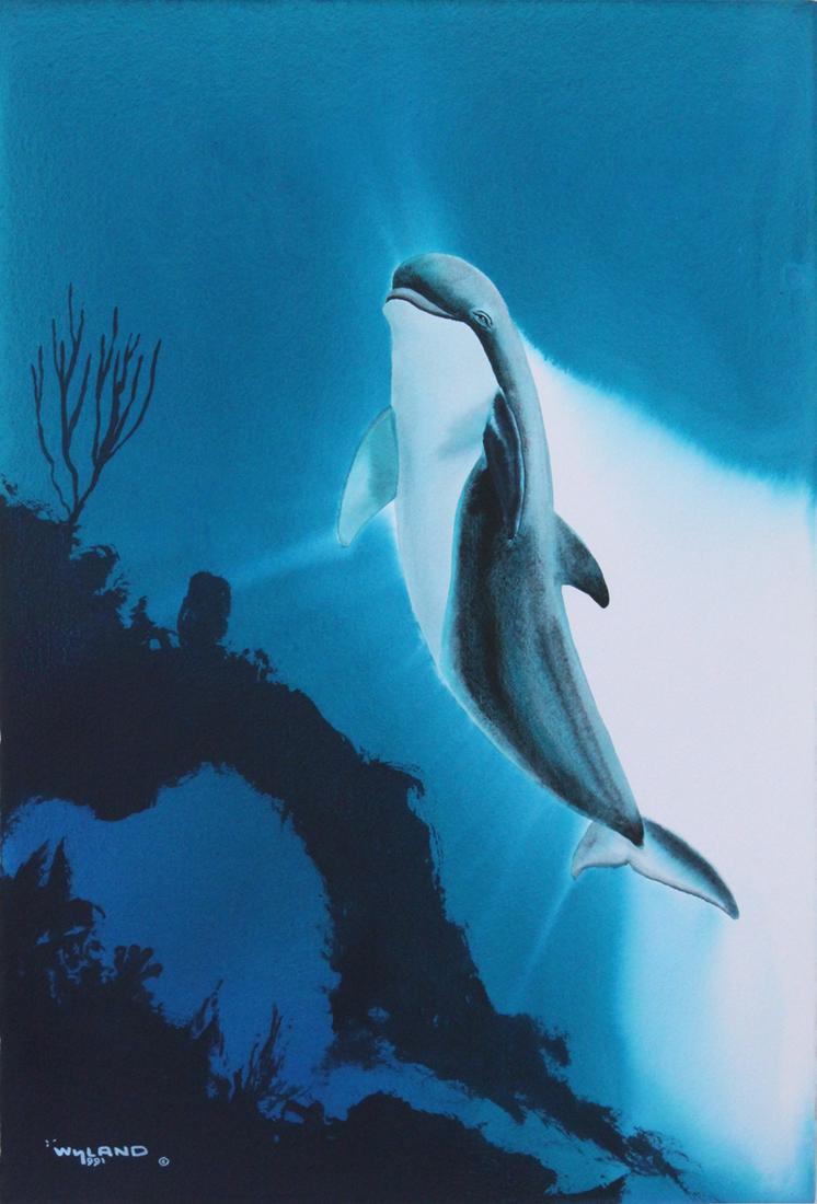 Robert Wyland (b. 1956) California Hawaii: DAYS OF DOLPHINS, 1991, watercolor on paper, signed and dated lower left, signed and dated and inscribed on verso of frame, sheet 30 x 20 ½”, frame 43 x 33 ½”, with a signed book of the artist P