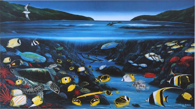 Robert Wyland (b. 1956) California Hawaii: HANAUMA BAY, 1993, high finish color offset lithograph with original watercolor remarque, signed in pencil and numbered A/P 1/95 (artist’s proof), initialed underneath remarque, image 17 x 30”, fu