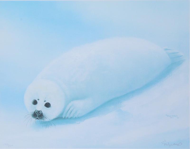 Robert Wyland (b. 1956) California Hawaii: HARP SEAL, NEWBORN, 1984, color offset lithograph with original watercolor remarque, signed in pencil and numbered 144/300 in silver marker, signed and dated in pencil beneath remarque, signed and dat