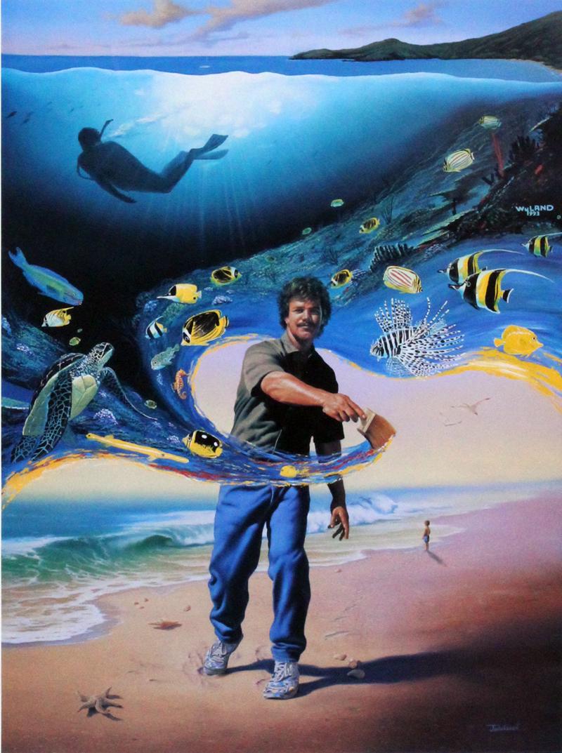 Robert Wyland (b. 1956) & Jim Warren (b. 1949): ANOTHER DAY AT THE OFFICE, color offset lithograph, signed in pencil by both and numbered A/P 1/95 (artist’s proof), with Warren’s thumbprint lower left, image 21 x 16”, full margins, Koa wood f