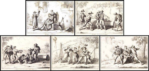 Bartolomeo Pinelli (1781-1835) Italian (five): SCENES FROM DAILY LIFE, 1815, five engravings on wove paper, plates 8 ¼ x 11 ½", full margins, all with scattered foxing, otherwise in good condition. (5)