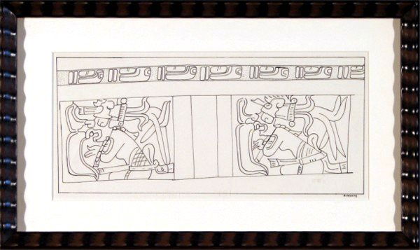Pre-Columbian Drawing by Hasso Von Winning (20th C: STUDY DRAWING, ink and pencil drawing on paper, signed lower right, inscribed "10138 Nebaj" in the margins, 6 x 13", framed. Hasso Von Winning is the author of the 388 page Abrams coffee table book "P