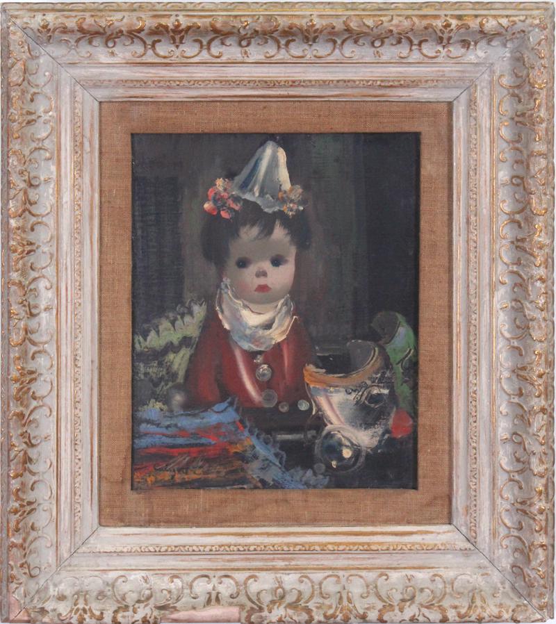 Jean Calogero (1922-2001) Italian: CHILD WITH MASKS, oil painting on canvas, signed lower left, 9 ½ x 7 ½”, frame 16 x 14 x 3”.